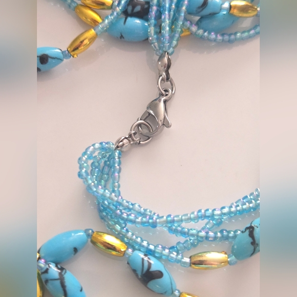 Vintage Turquoise Color Black Swirl Beaded Layered Necklace - Picture 6 of 6